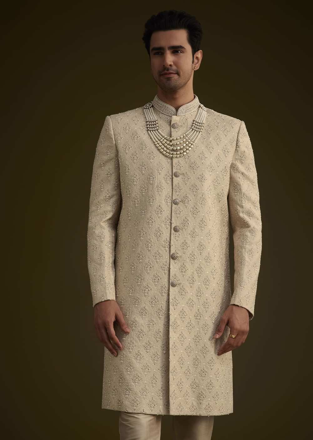 Fawn Silk Sherwani Set With Zardosi Embroidery