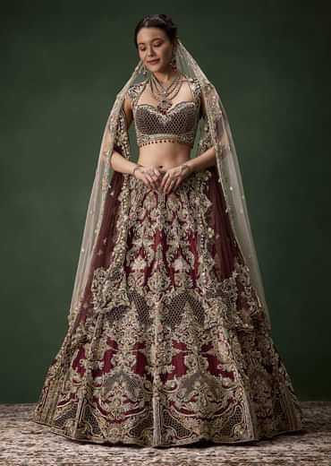 Embroidered Bridal Lehenga Set with Two Dupattas