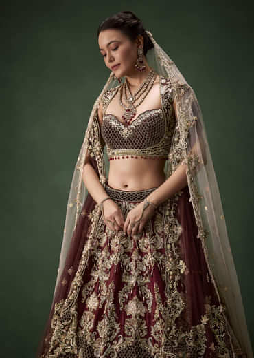 Embroidered Bridal Lehenga Set with Two Dupattas