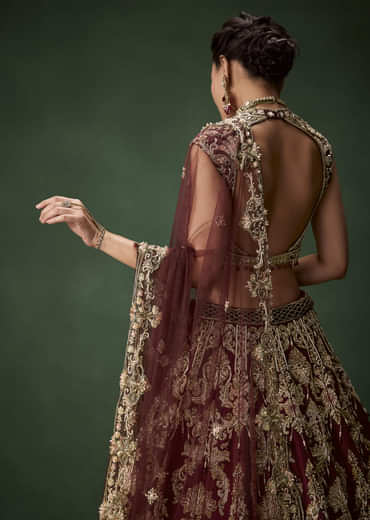 Embroidered Bridal Lehenga Set with Two Dupattas