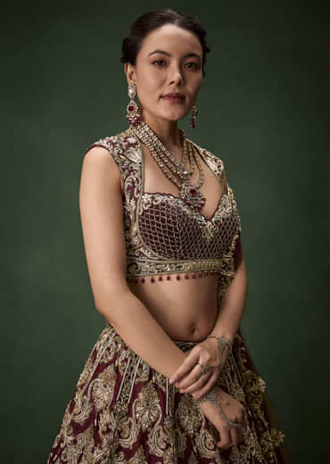 Embroidered Bridal Lehenga Set with Two Dupattas