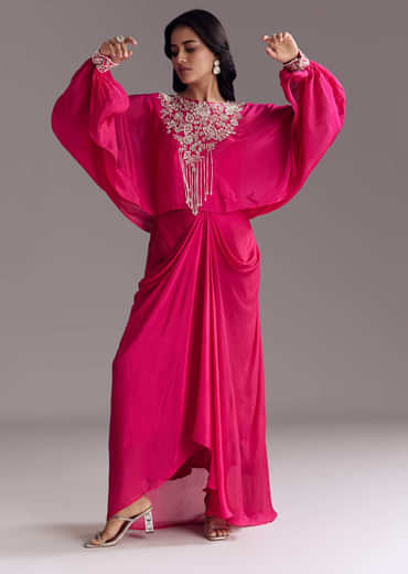 Embroidered Pink Skirt Set With Cape