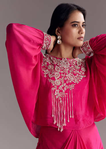 Embroidered Pink Skirt Set With Cape