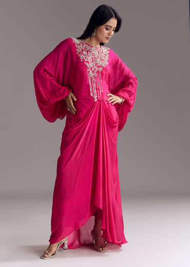 Embroidered Pink Skirt Set With Cape