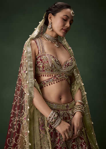 Embroidered Raw Silk Bridal Lehenga Set with Two Dupattas