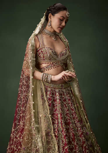 Embroidered Raw Silk Bridal Lehenga Set with Two Dupattas