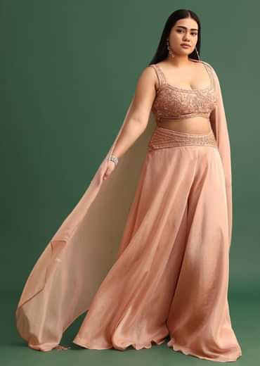 Embroidered Peach Fusion Suit With Dupatta And Flared Pants