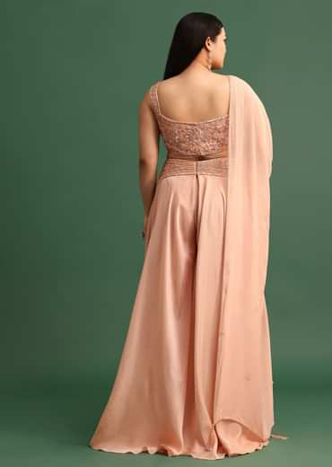 Embroidered Peach Fusion Suit With Dupatta And Flared Pants