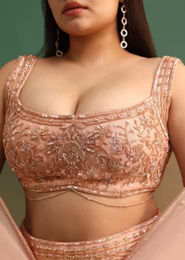 Embroidered Peach Fusion Suit With Dupatta And Flared Pants