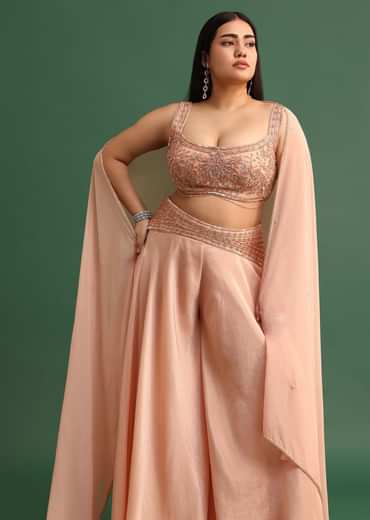 Embroidered Peach Fusion Suit With Dupatta And Flared Pants