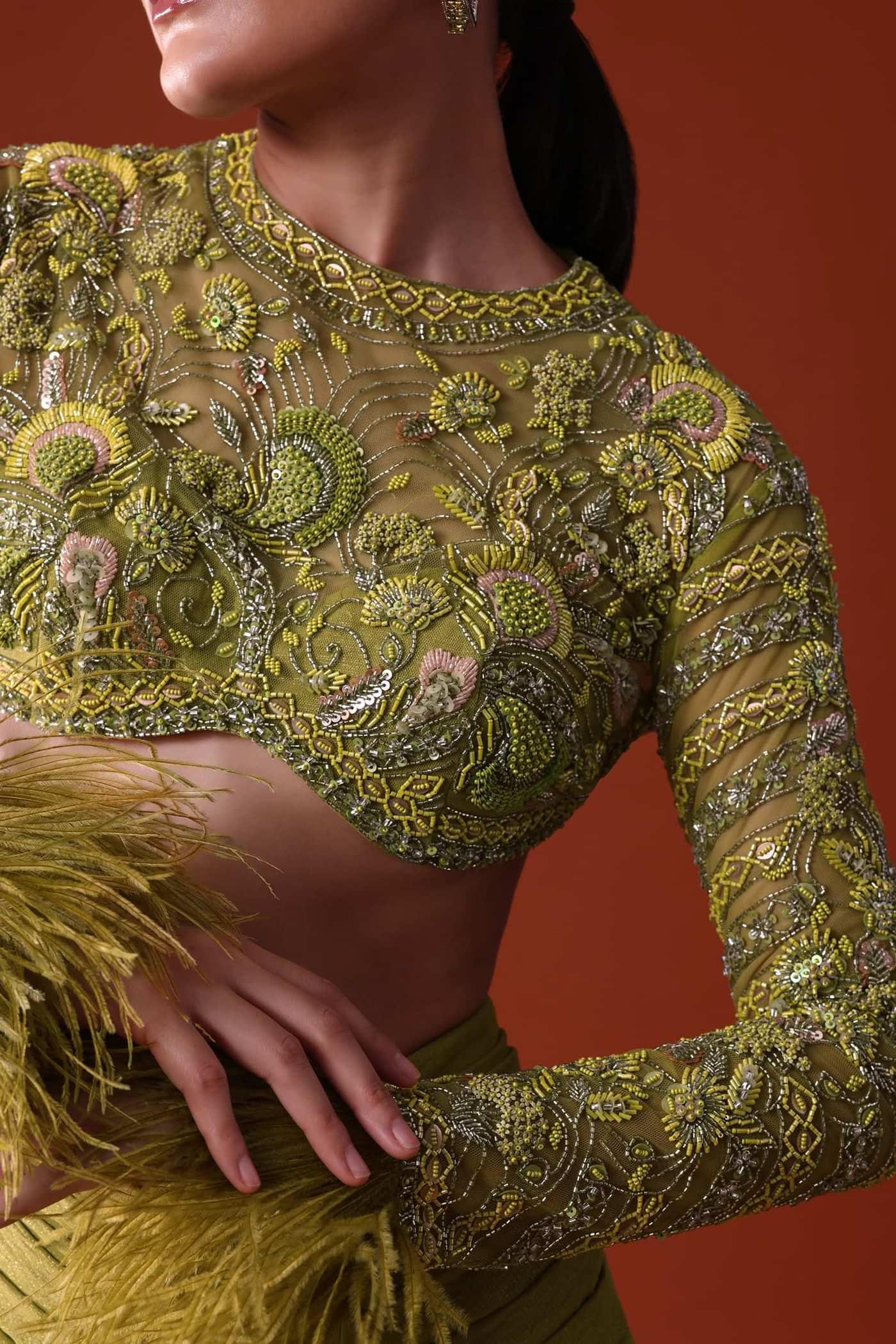 Citrus Green Satin Net Draped Trail Skirt With Feather Embellished Bustier