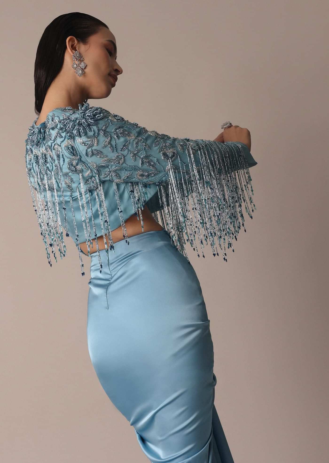 Blue Fish Cut Gathered Zardosi Draped Skirt And Tassel Jacket Set