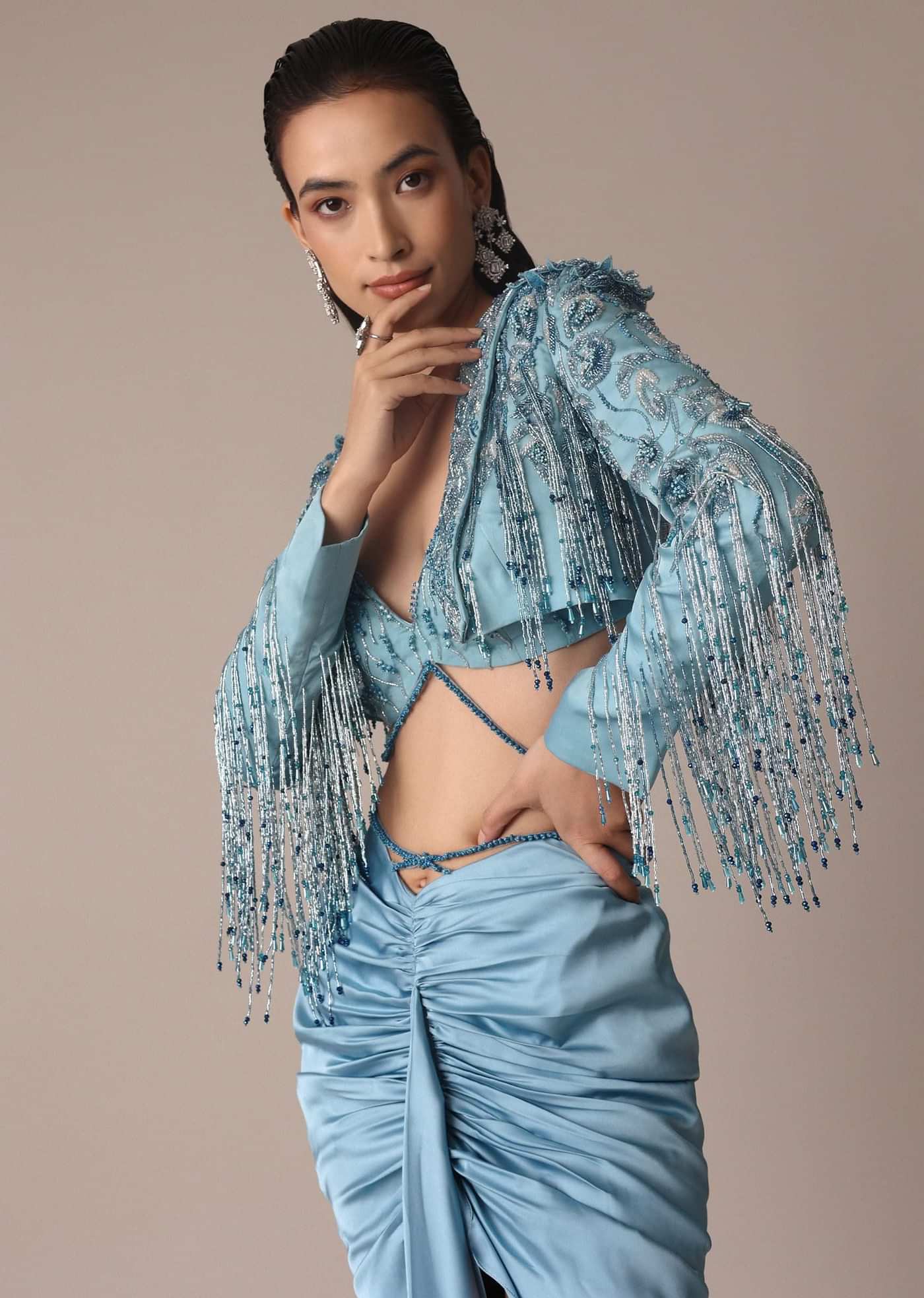 Blue Fish Cut Gathered Zardosi Draped Skirt And Tassel Jacket Set