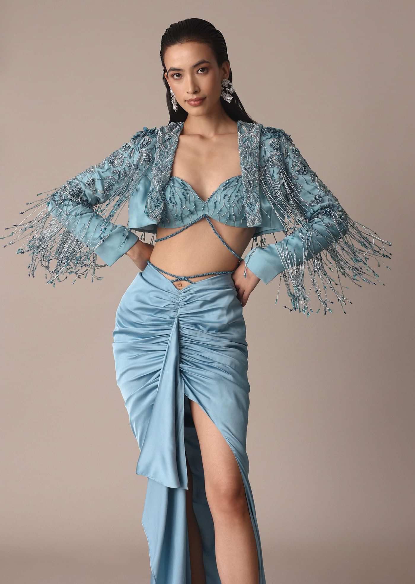 Blue Fish Cut Gathered Zardosi Draped Skirt And Tassel Jacket Set