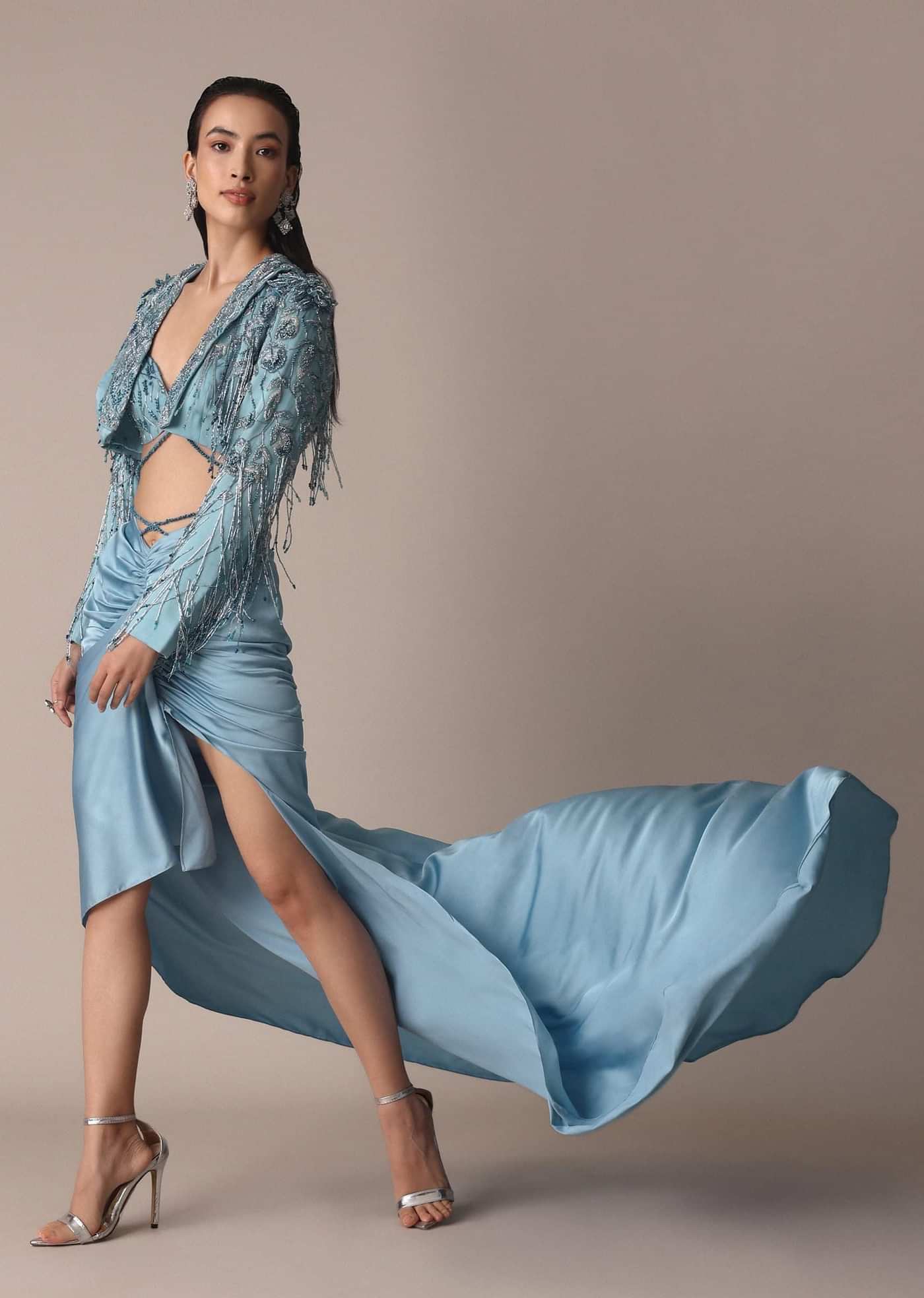 Blue Fish Cut Gathered Zardosi Draped Skirt And Tassel Jacket Set