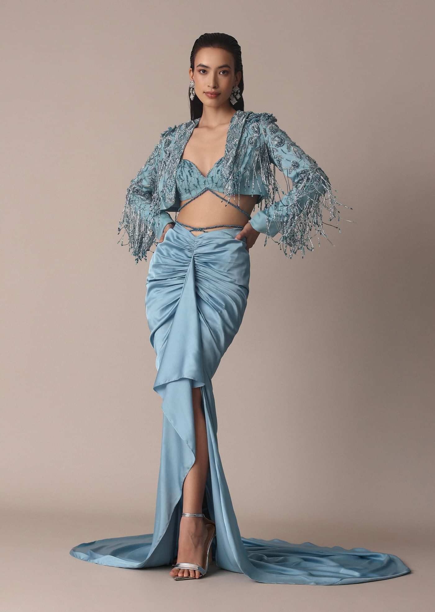 Blue Fish Cut Gathered Zardosi Draped Skirt And Tassel Jacket Set