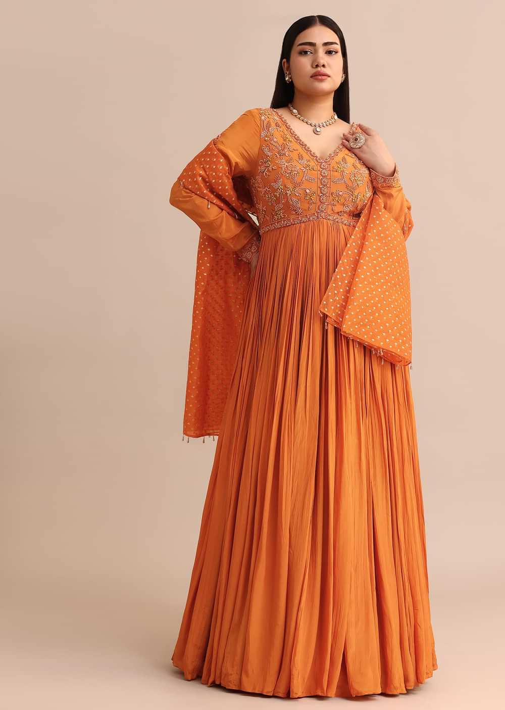 Embroidery Burnt Orange Anarkali Suit With Banarasi Organza Dupatta