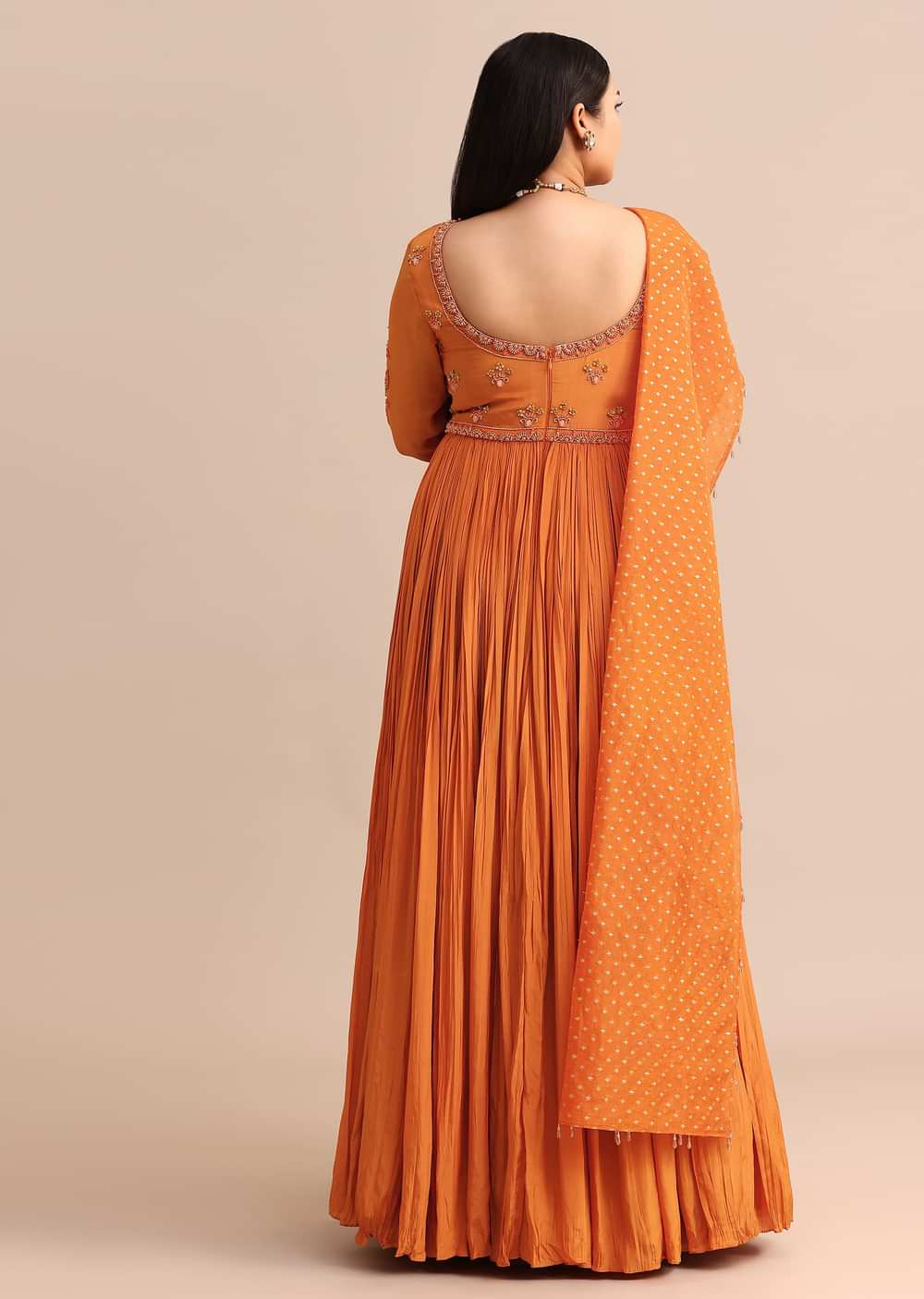 Embroidery Burnt Orange Anarkali Suit With Banarasi Organza Dupatta