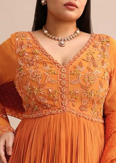 Embroidery Burnt Orange Anarkali Suit With Banarasi Organza Dupatta