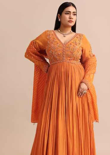 Embroidery Burnt Orange Anarkali Suit With Banarasi Organza Dupatta