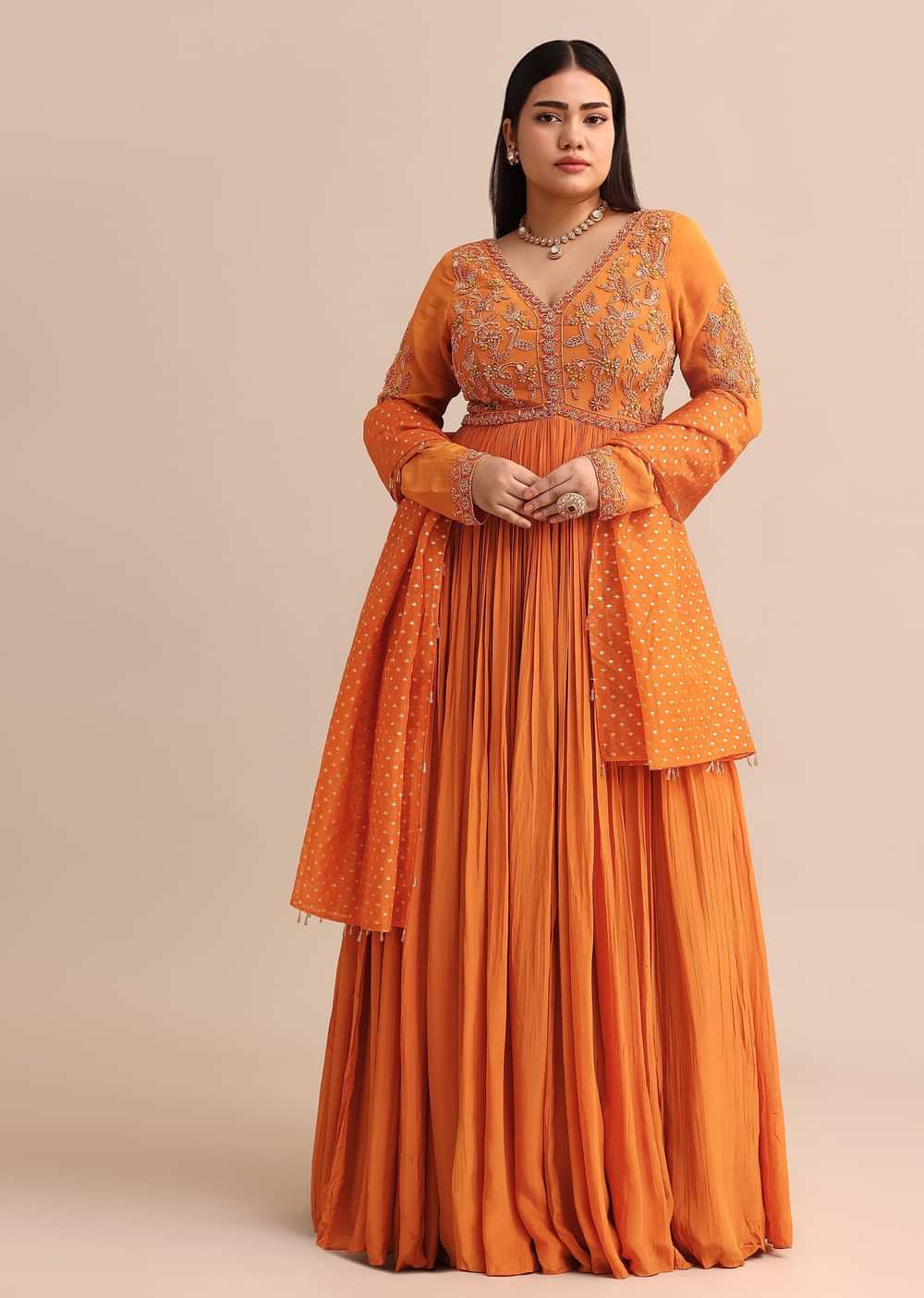 Embroidery Burnt Orange Anarkali Suit With Banarasi Organza Dupatta
