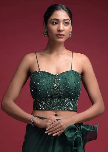 Emerald Green Corset Blouse With Hand Embellished Cut Dana And Sequins Accents And Spaghetti Straps