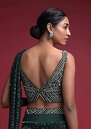 Emerald Green Crop Top In Net Heavily Embellished With Cut Dana Work In Geometric Pattern