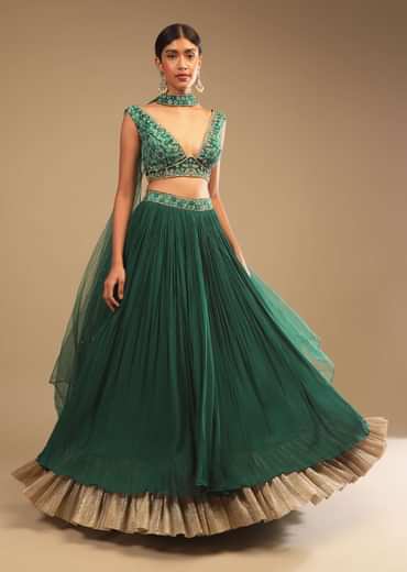 Emerald Green Lehenga In Georgette With A Plunging Neck Crop Top Featuring Floral Hand Work And Choker Dupatta