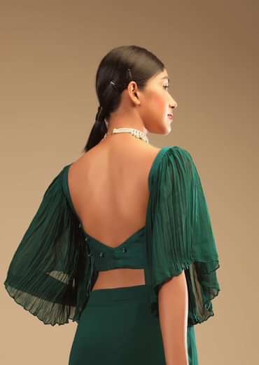 Emerald Green Ready Pleated Saree In Georgette With Bell Sleeves Crop Top And Chunky Embroidered Belt