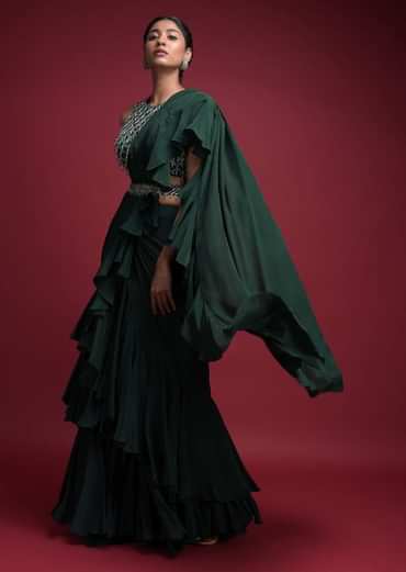 Emerald Green Saree In Crepe With Ruffled Pallu And Layered Ruffles On The Pleats