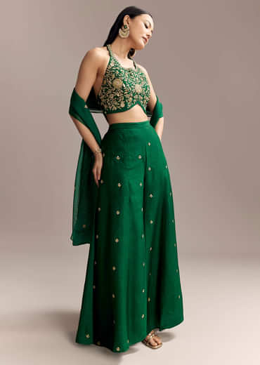 Emerald Green Silk Crop Top And Palazzo Set With Zari Work