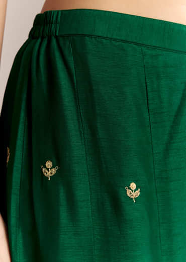 Emerald Green Silk Crop Top And Palazzo Set With Zari Work