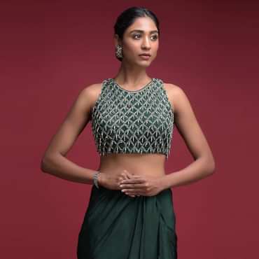 Emerald Green Crop Top With Cut Dana Embellished Checks And Bead Tassels