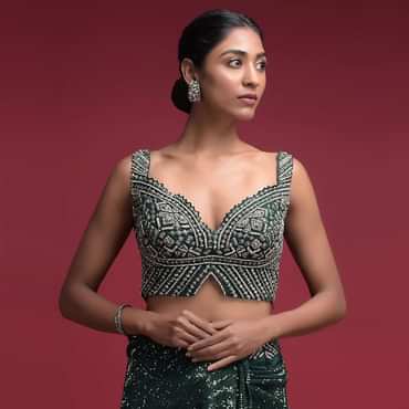 Emerald Green Crop Top In Net Heavily Embellished With Cut Dana Work In Geometric Pattern