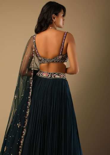 Emerald Green Lehenga With Hand Embroidered Choli Using Multi Colored Floral Motifs