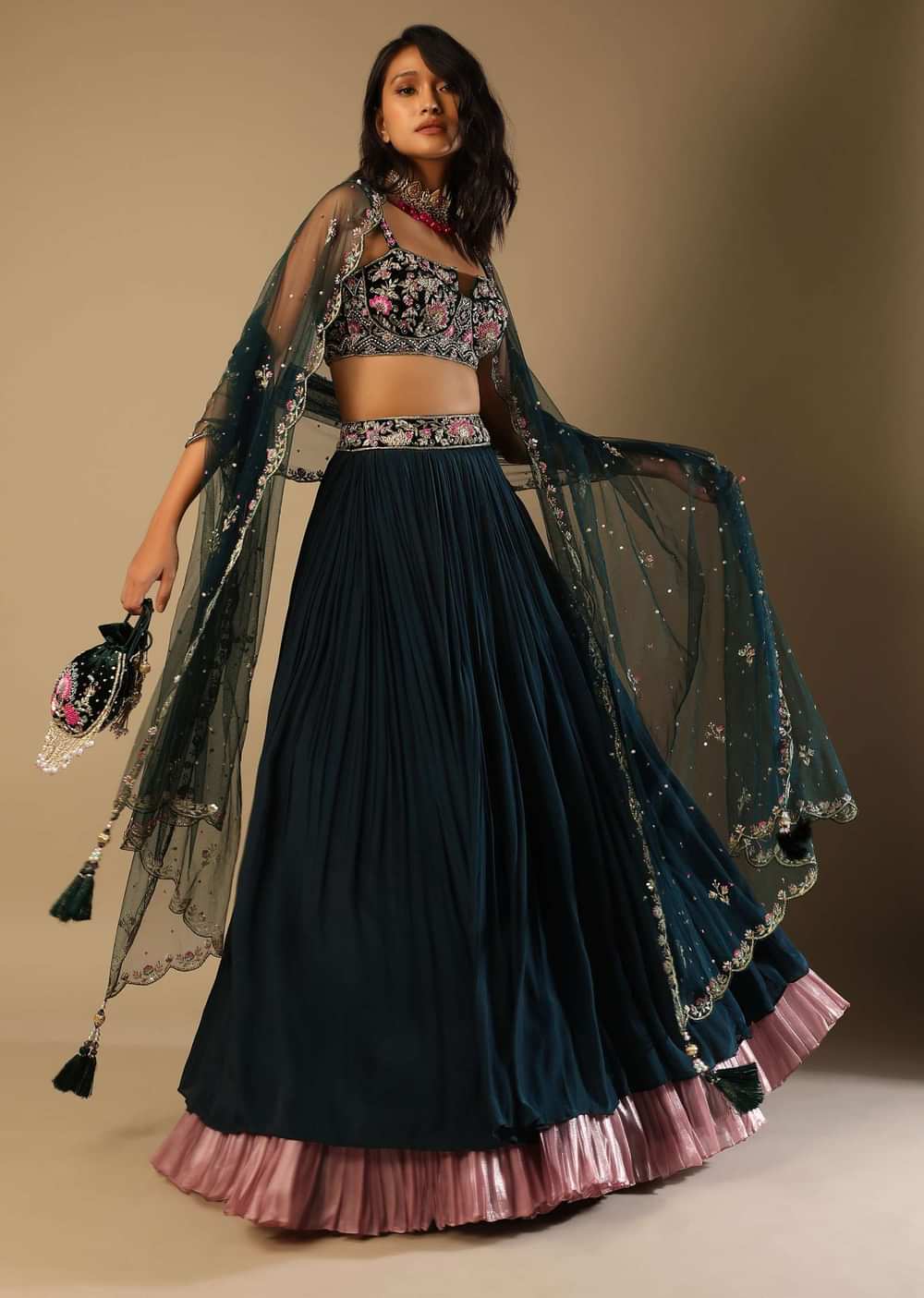 Emerald Green Lehenga With Hand Embroidered Choli Using Multi Colored Floral Motifs