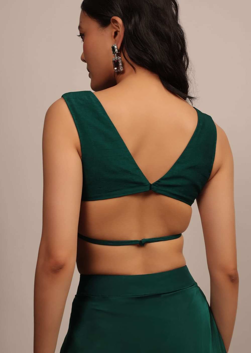 Emerald Green Sleeveless Blouse In Raw Silk With Strappy Back Hook
