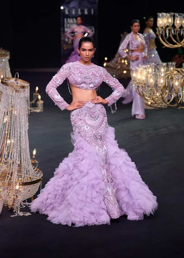 Lavender 3D Ruffle Fish Cut Skirt And Crystal Blouse Set