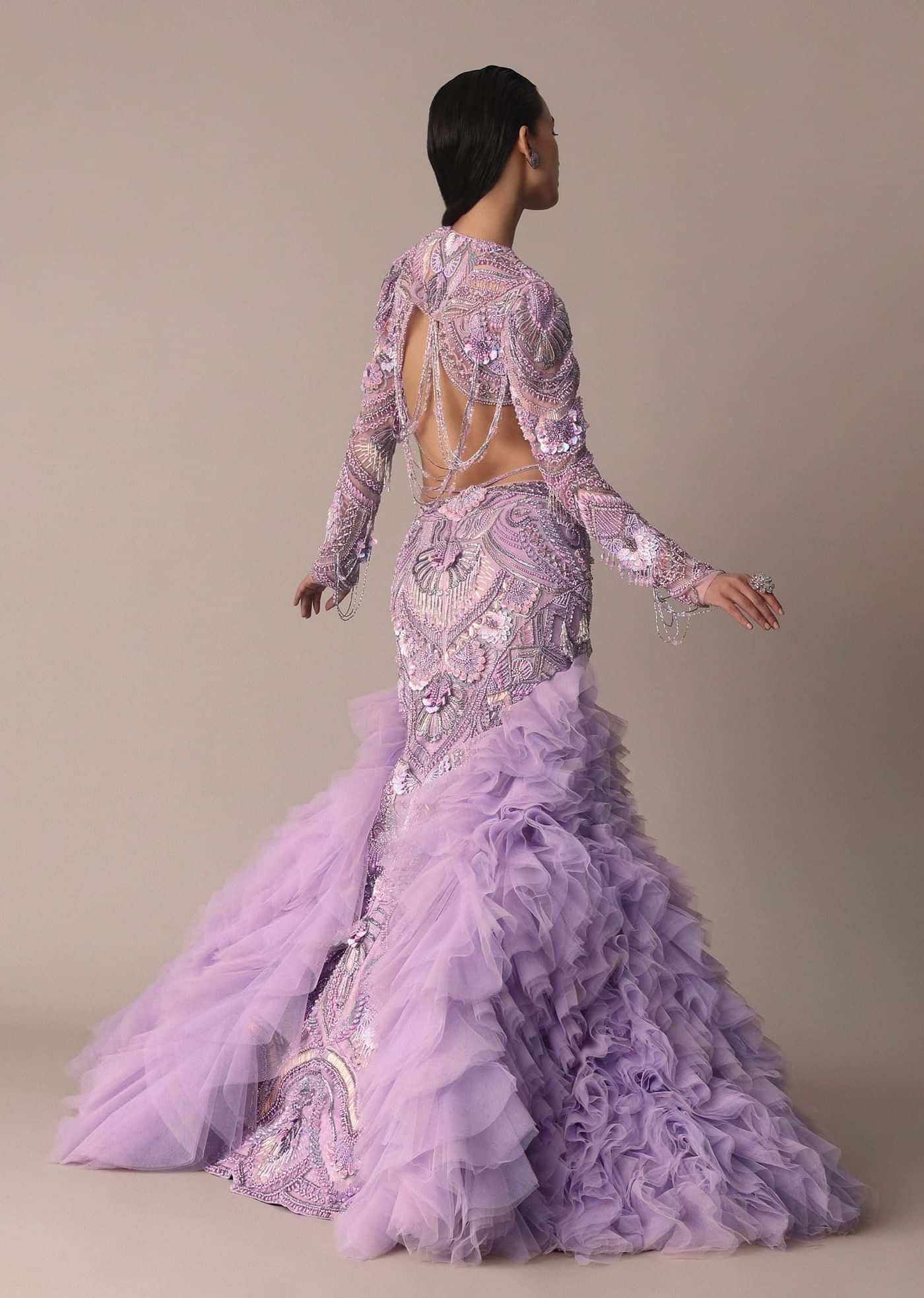 Lavender 3D Ruffle Fish Cut Skirt And Crystal Blouse Set