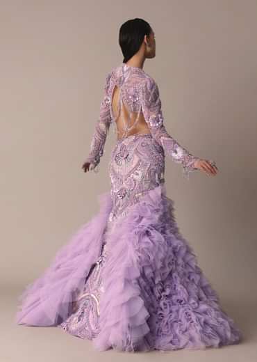 Lavender 3D Ruffle Fish Cut Skirt And Crystal Blouse Set