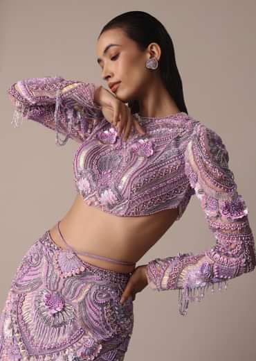Lavender 3D Ruffle Fish Cut Skirt And Crystal Blouse Set