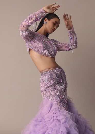 Lavender 3D Ruffle Fish Cut Skirt And Crystal Blouse Set