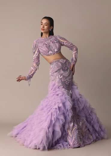 Lavender 3D Ruffle Fish Cut Skirt And Crystal Blouse Set
