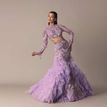Lavender 3D Ruffle Fish Cut Skirt And Crystal Blouse Set