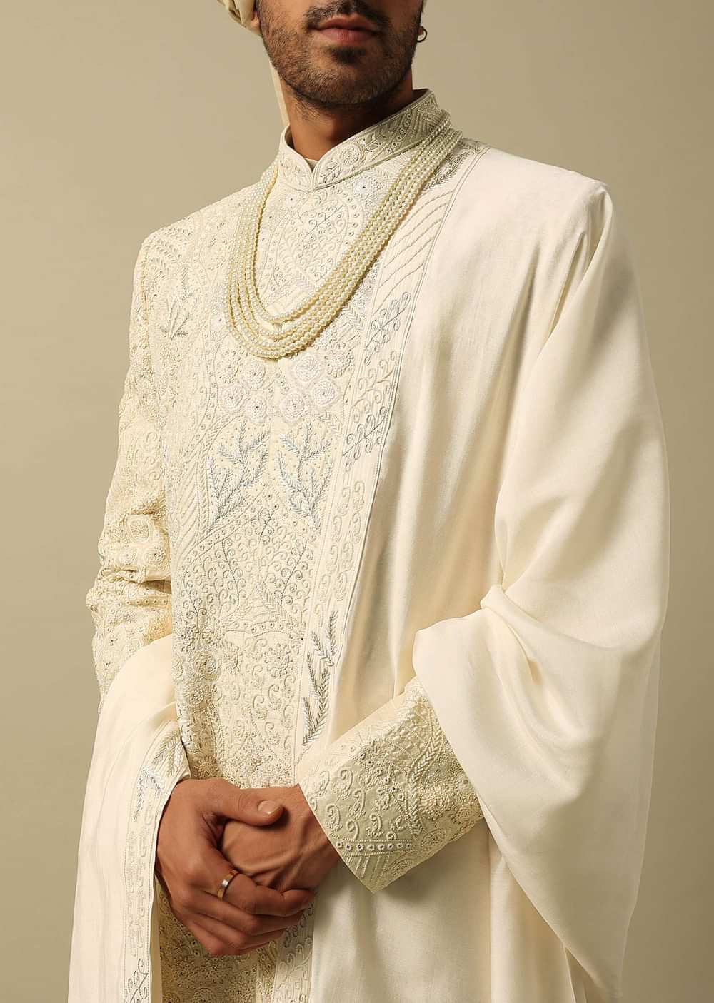 Exquisite White Raw Silk Sherwani Set