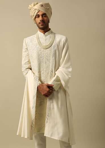 Exquisite White Raw Silk Sherwani Set