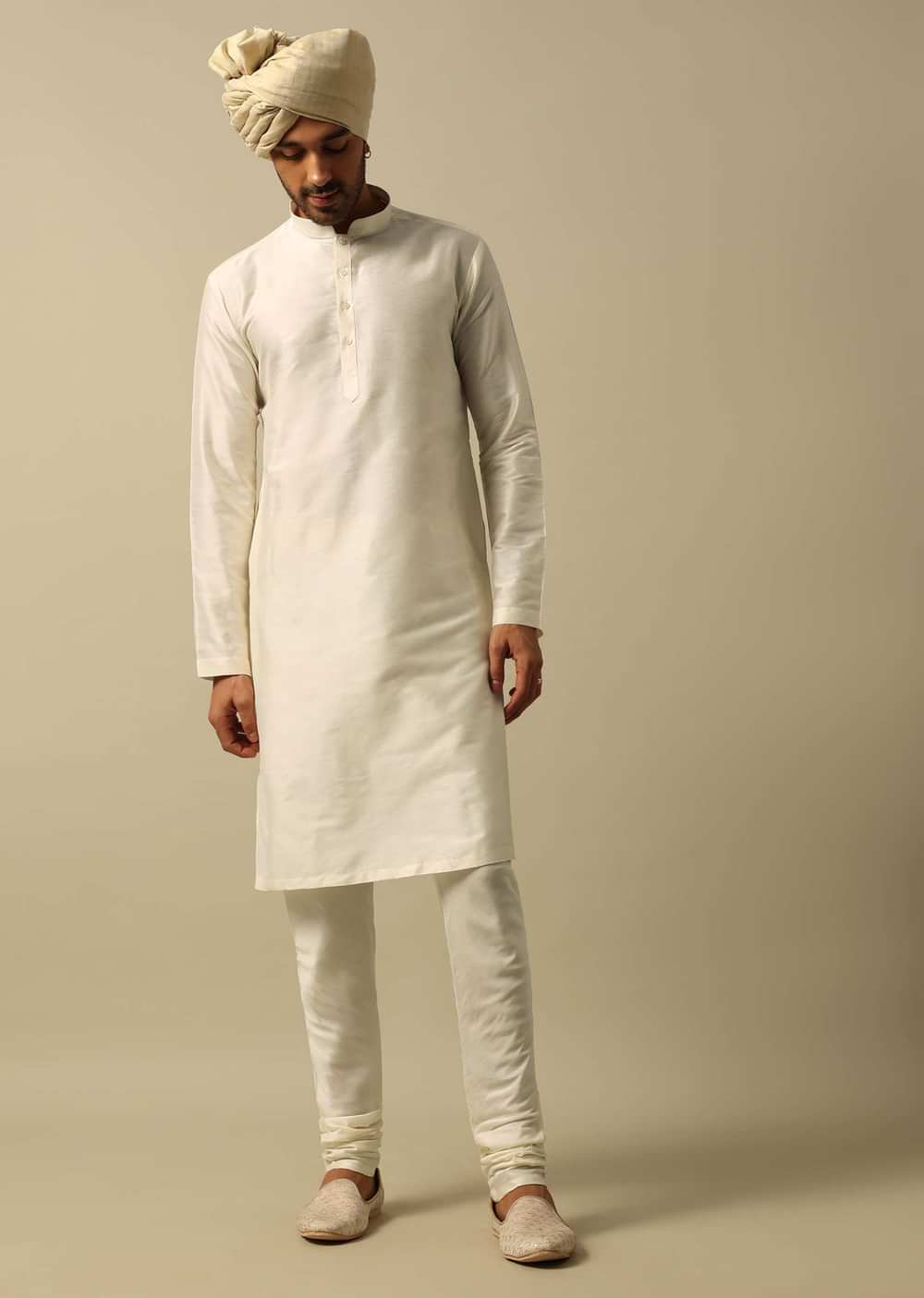 Exquisite White Raw Silk Sherwani Set