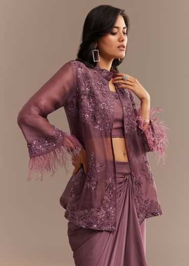 Faded Wine Sequined Jacket Draped Skirt Set