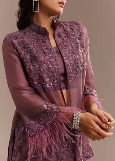 Faded Wine Sequined Jacket Draped Skirt Set