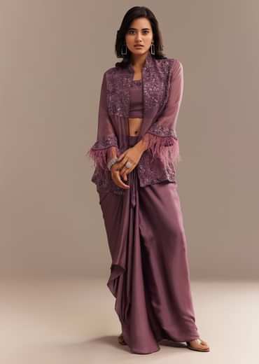 Faded Wine Sequined Jacket Draped Skirt Set